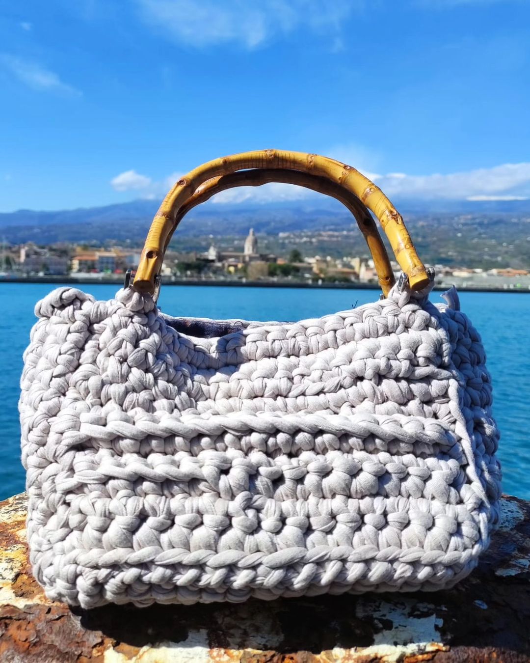 Borsa Artigianale in Cordino di Cotone Grigio Perla con Manici di Legno