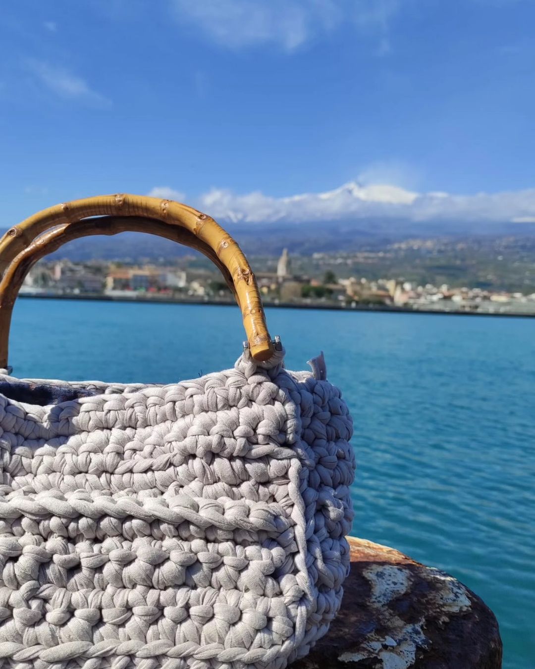 Borsa Artigianale in Cordino di Cotone Grigio Perla con Manici di Legno