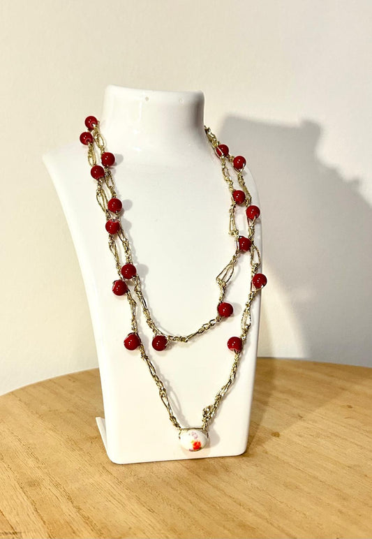 collana filato oro con pietre rosse a doppio giro